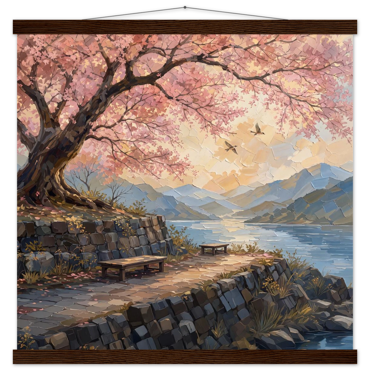 Cherry Blossom Lake: japanese art, sunset and japandi. Fine art poster with wooden hanger by The Light Stays.