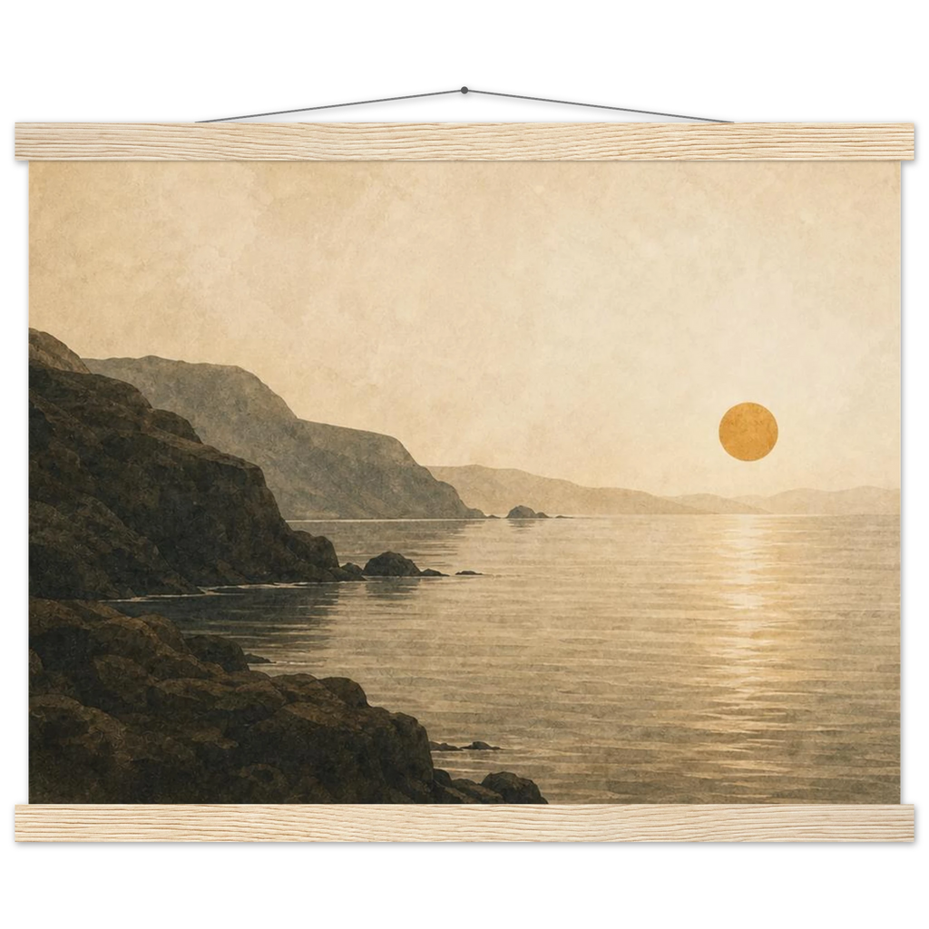 Pôster Amber Coast com suporte de madeira, pôr do sol em tons quentes sobre a costa