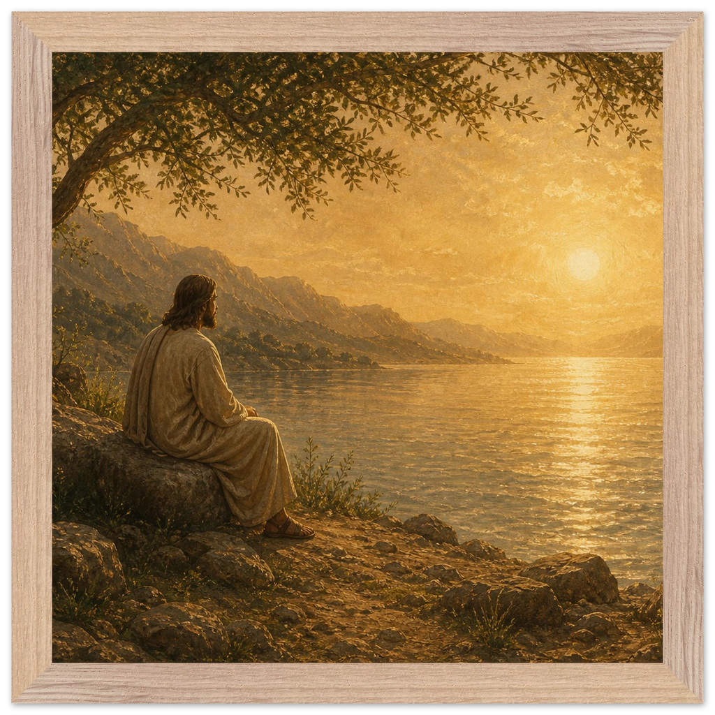 Quadro cristão Bênção do Lago, Jesus sob uma oliveira diante de um lago dourado