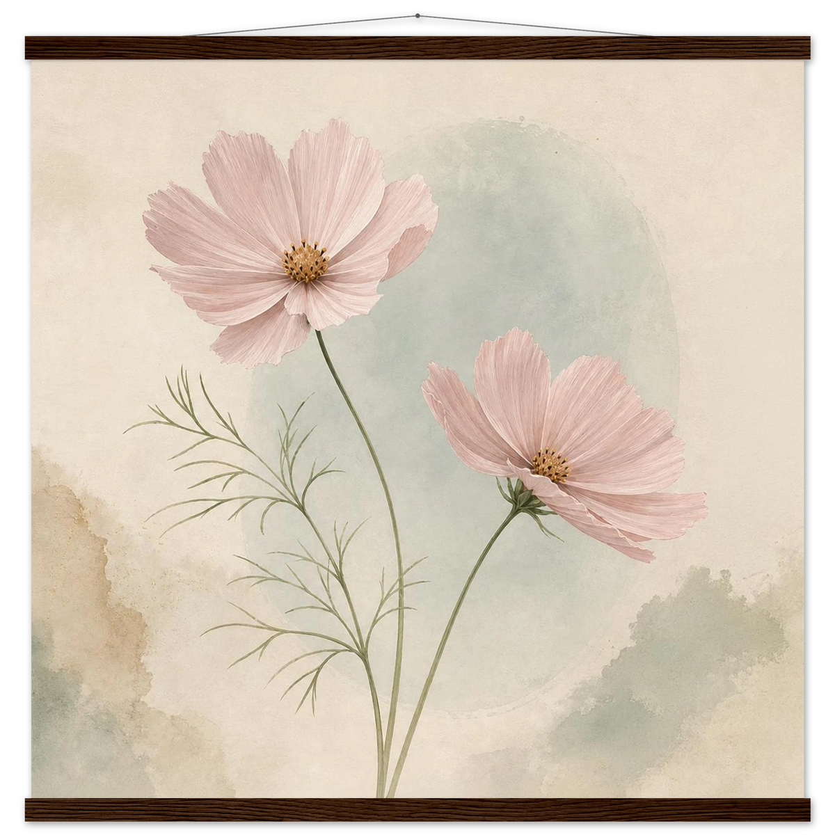 Cosmos Unison: flowers, blush and celadon. Fine art poster with wooden hanger by The Light Stays.