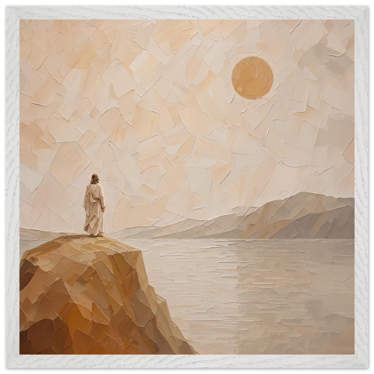 Salt Shore: jesus, cliff and sea. Framed fine art print by The Light Stays.