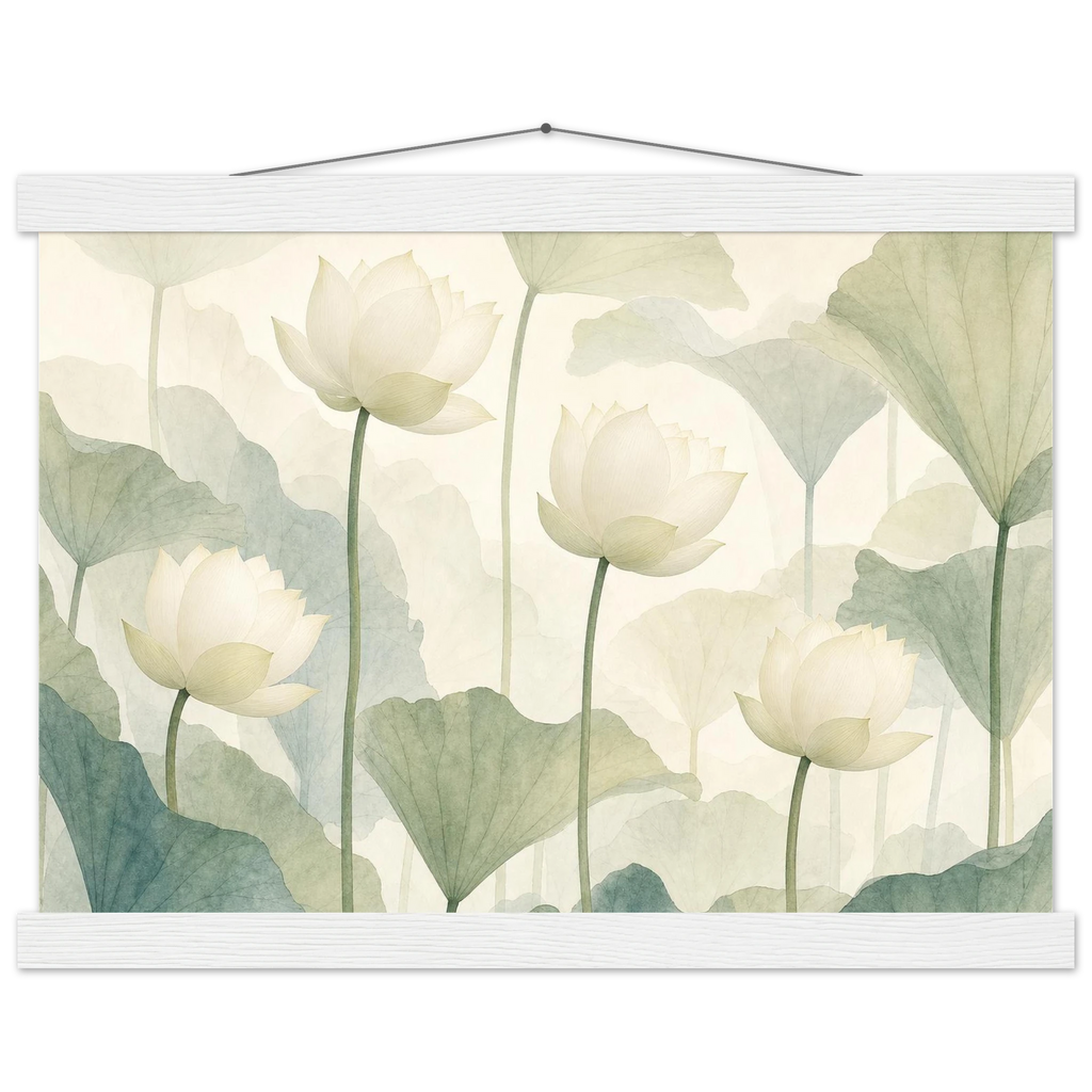 Ivory Lotus Screen, flowers and botanical. Archival fine art poster shown framed.