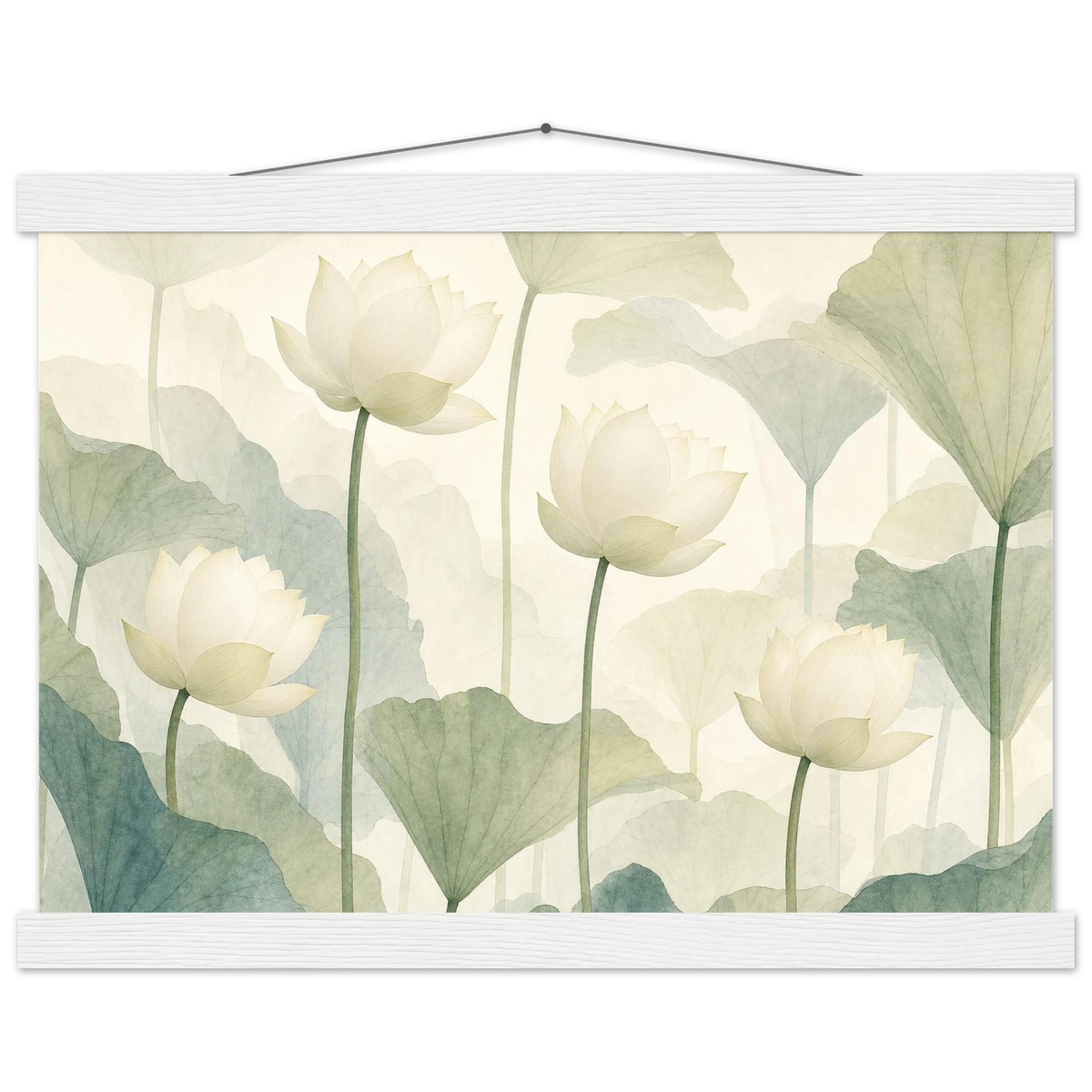 Ivory Lotus Screen, flowers and botanical. Archival fine art poster shown framed.