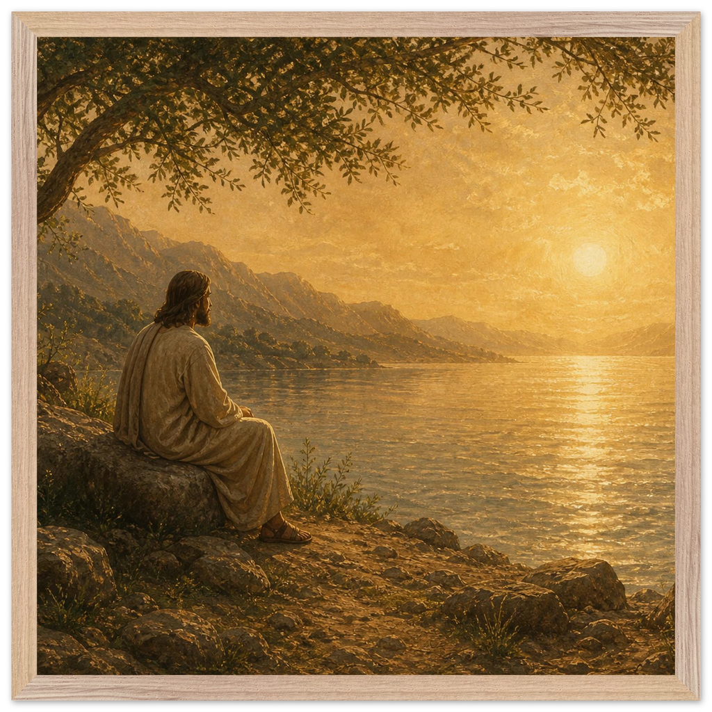 Quadro cristão Bênção do Lago, Jesus sob uma oliveira diante de um lago dourado
