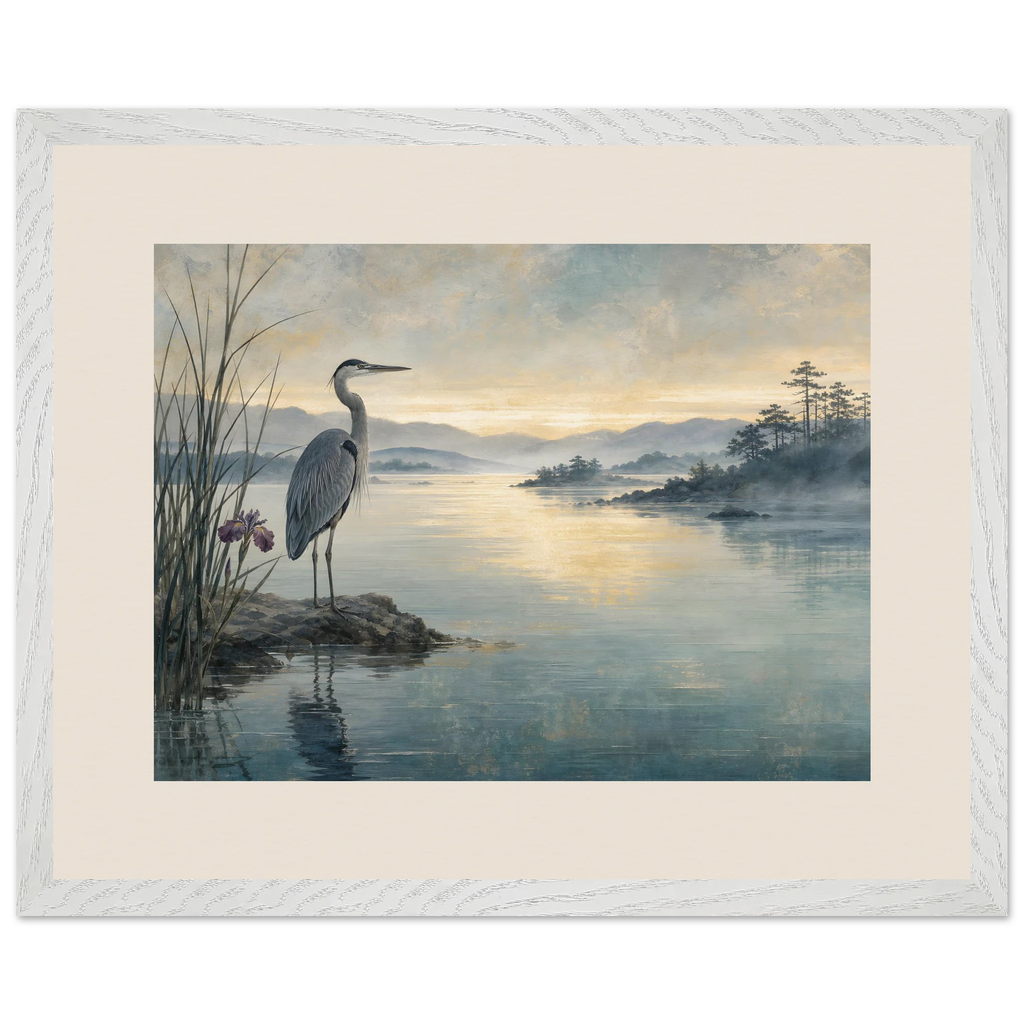Heron at Dawn: japanese art and japandi. Framed fine art print, alternate frame and size.