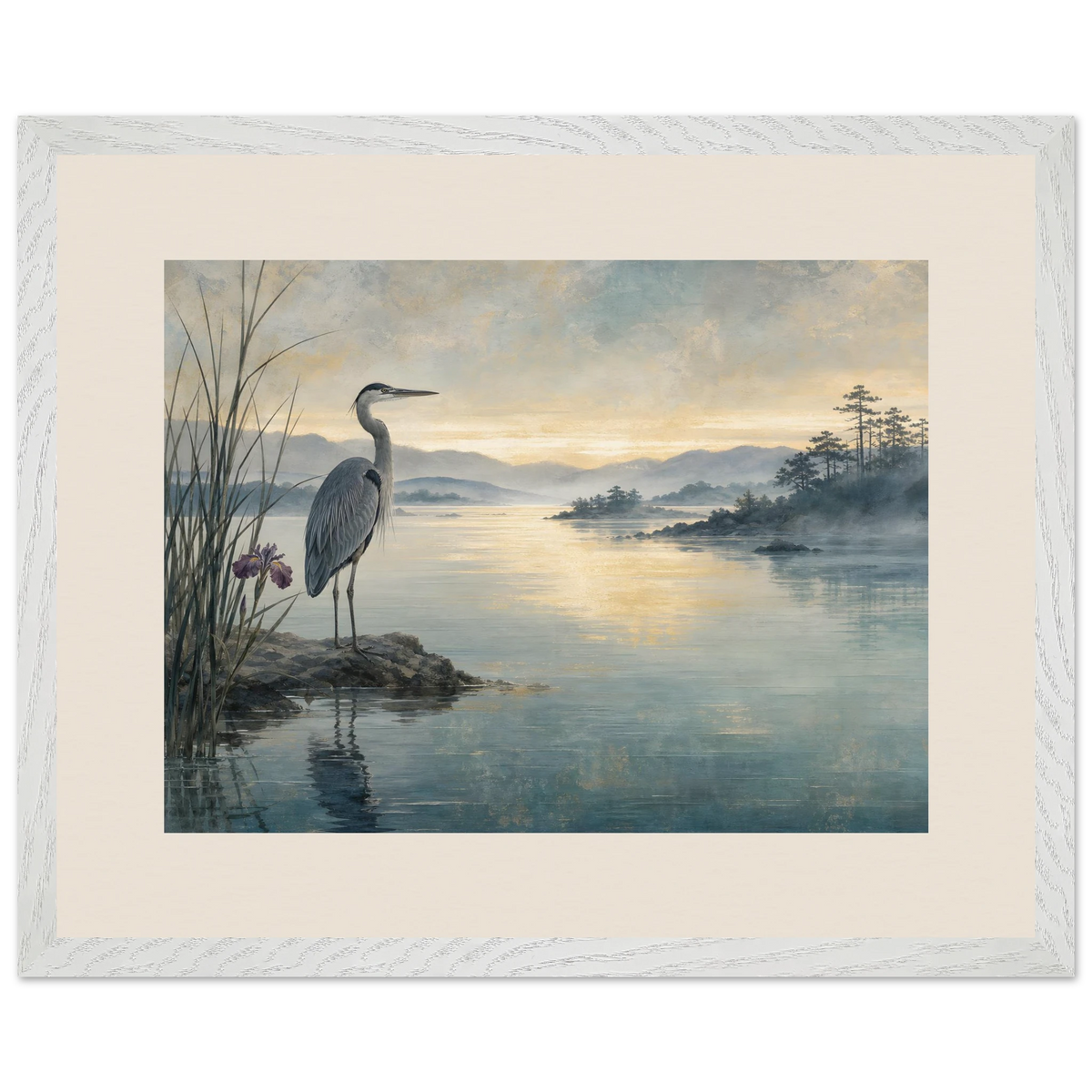 Heron at Dawn: japanese art and japandi. Framed fine art print, alternate frame and size.