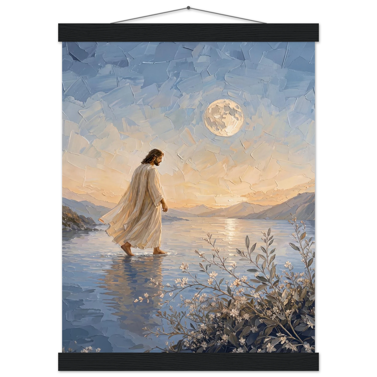 Upon the Waters: jesus, moon and night. Fine art poster with wooden hanger by The Light Stays.