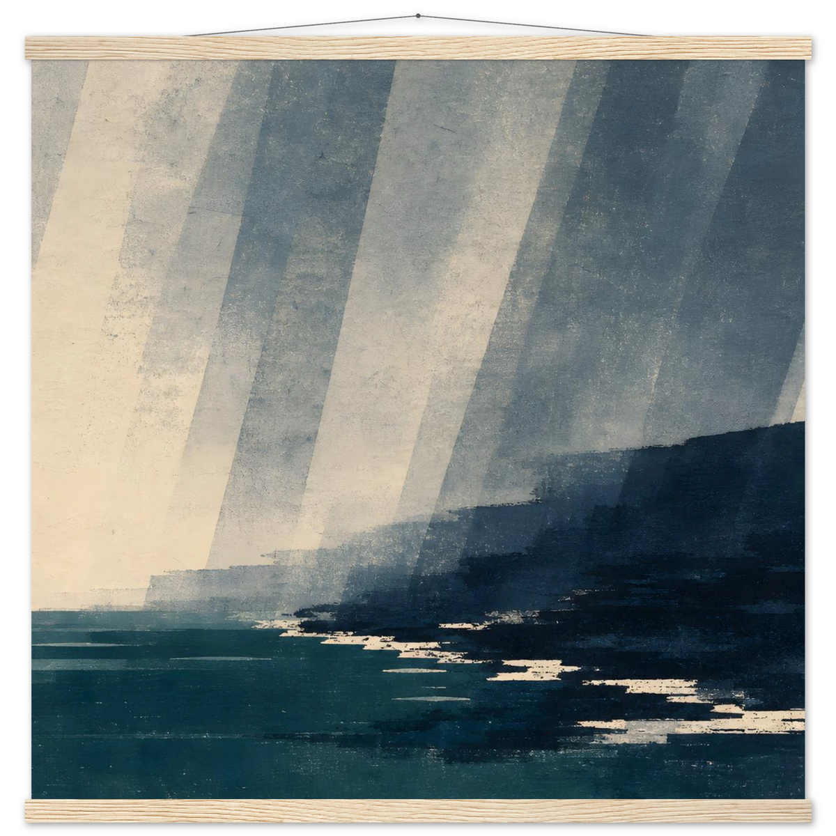 Rain Coast: japandi, teal blue and atmosphere. Fine art poster with wooden hanger by The Light Stays.