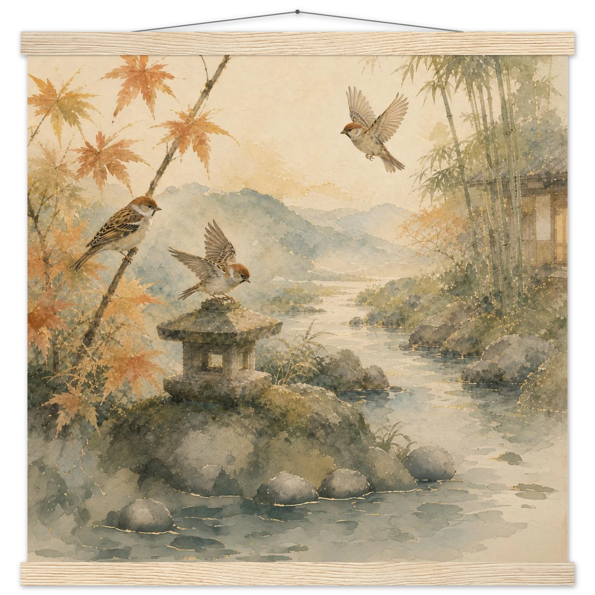 Three Birds Morning: birds, japanese landscape and japandi. Fine art poster with wooden hanger by The Light Stays.