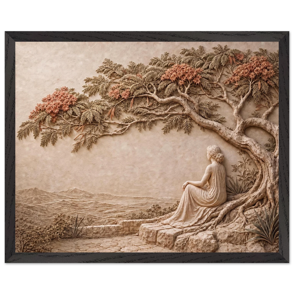 Under the Blossoms: impasto, figure and blossoming canopy. Framed fine art print, alternate frame and size.