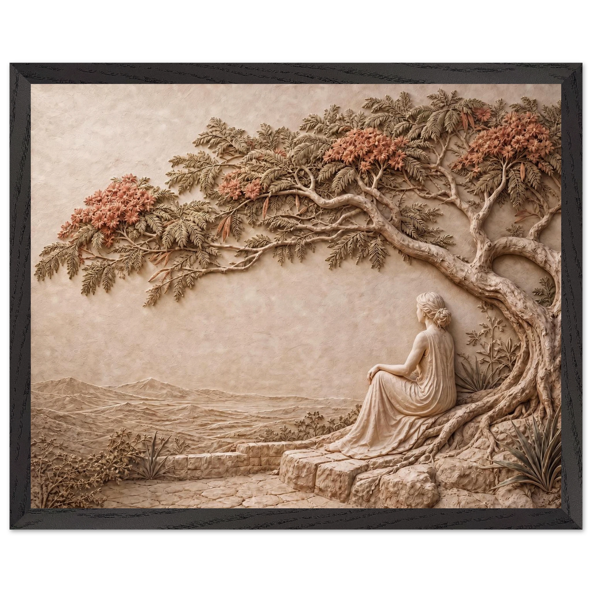 Under the Blossoms: impasto, figure and blossoming canopy. Framed fine art print, alternate frame and size.