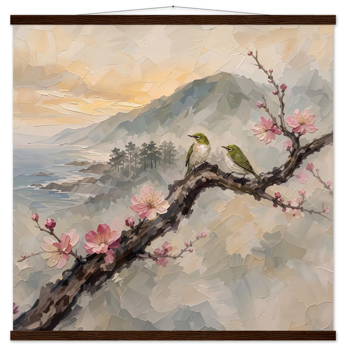 Plum Branch Pair: birds, japanese landscape and japandi. Fine art poster with wooden hanger by The Light Stays.