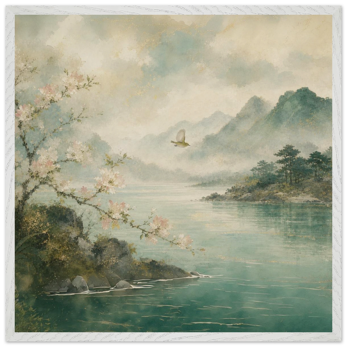 Celadon Flight: birds, japanese landscape and japandi. Framed fine art print by The Light Stays.