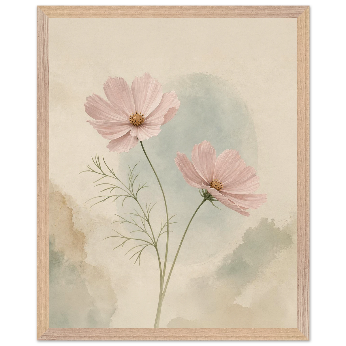 Cosmos Unison: flowers, blush and celadon. Framed fine art print by The Light Stays.