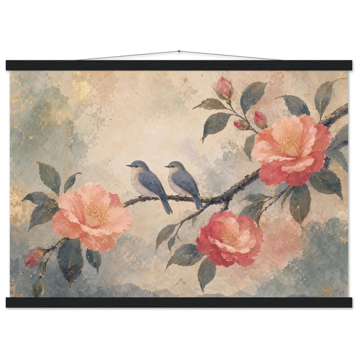 Camellia Birds: flowers and botanical. Museum-quality fine art poster.