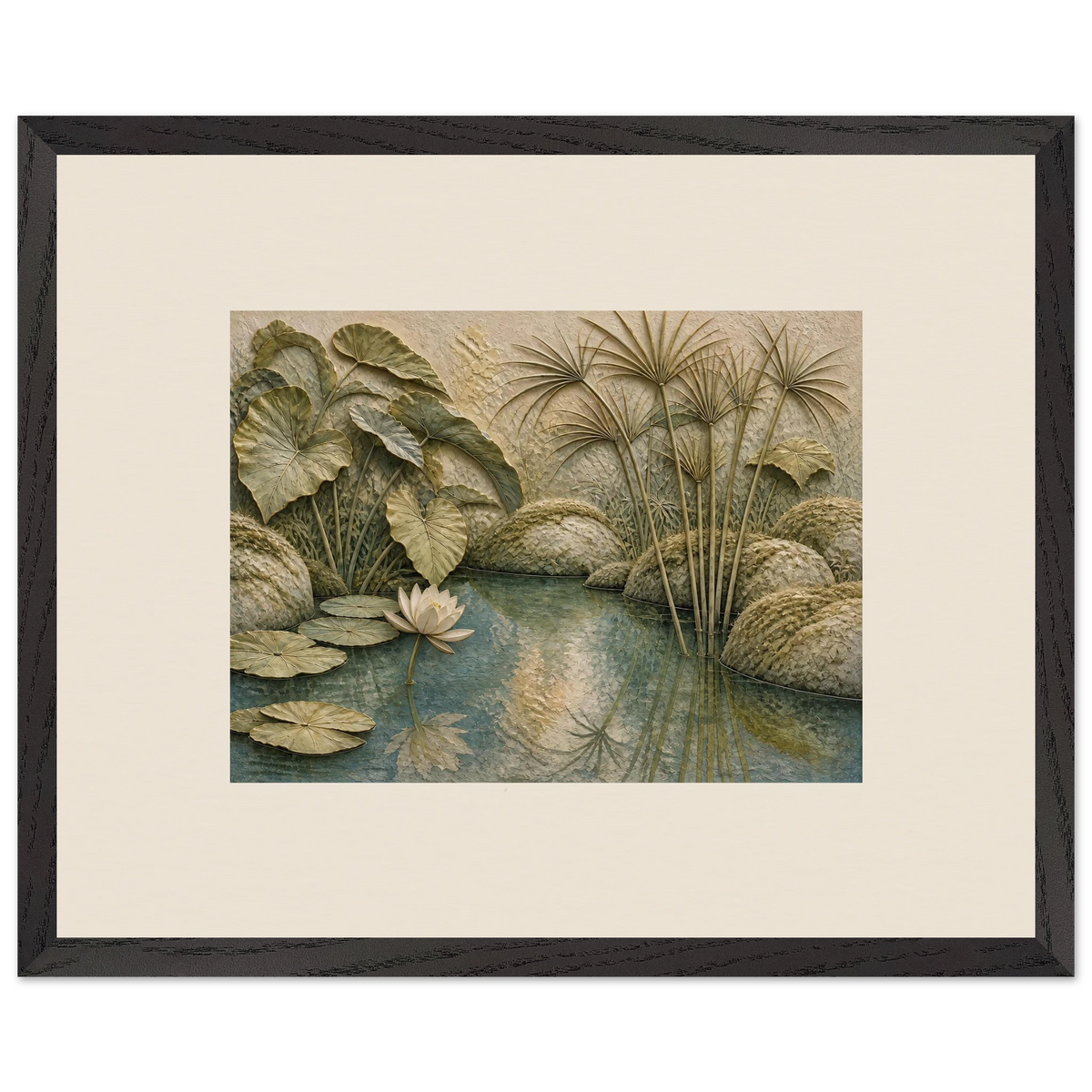 Papyrus Pond: lake, papyrus and serene greens. Framed fine art print by The Light Stays.