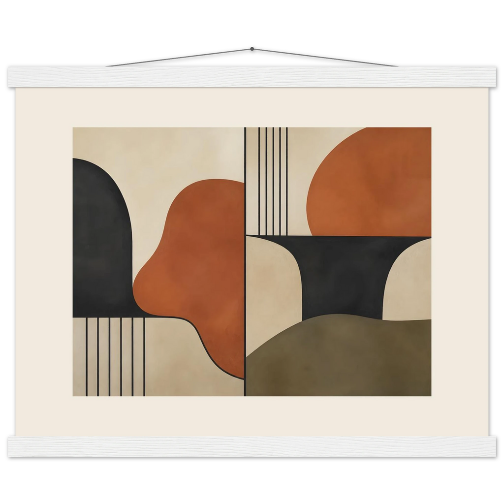 Compass and Clay, geometric abstract, clay and curves. Archival fine art poster shown framed.