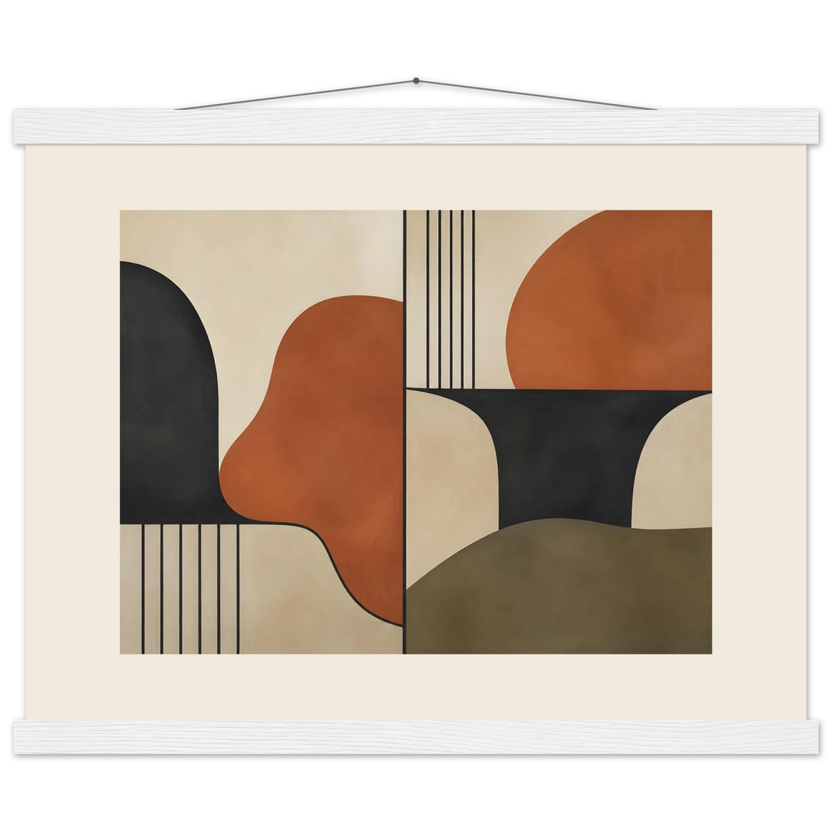 Compass and Clay, geometric abstract, clay and curves. Archival fine art poster shown framed.