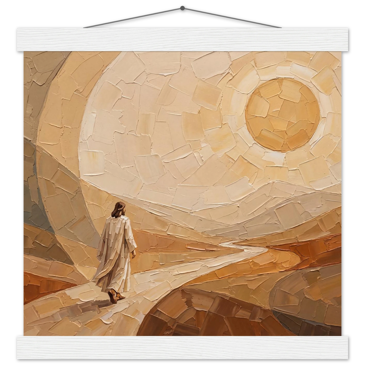 Lightfall: jesus, landscape and golden tones. Fine art poster with wooden hanger by The Light Stays.