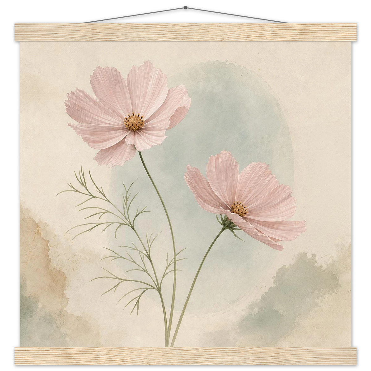 Cosmos Unison: flowers, blush and celadon. Fine art poster with wooden hanger by The Light Stays.