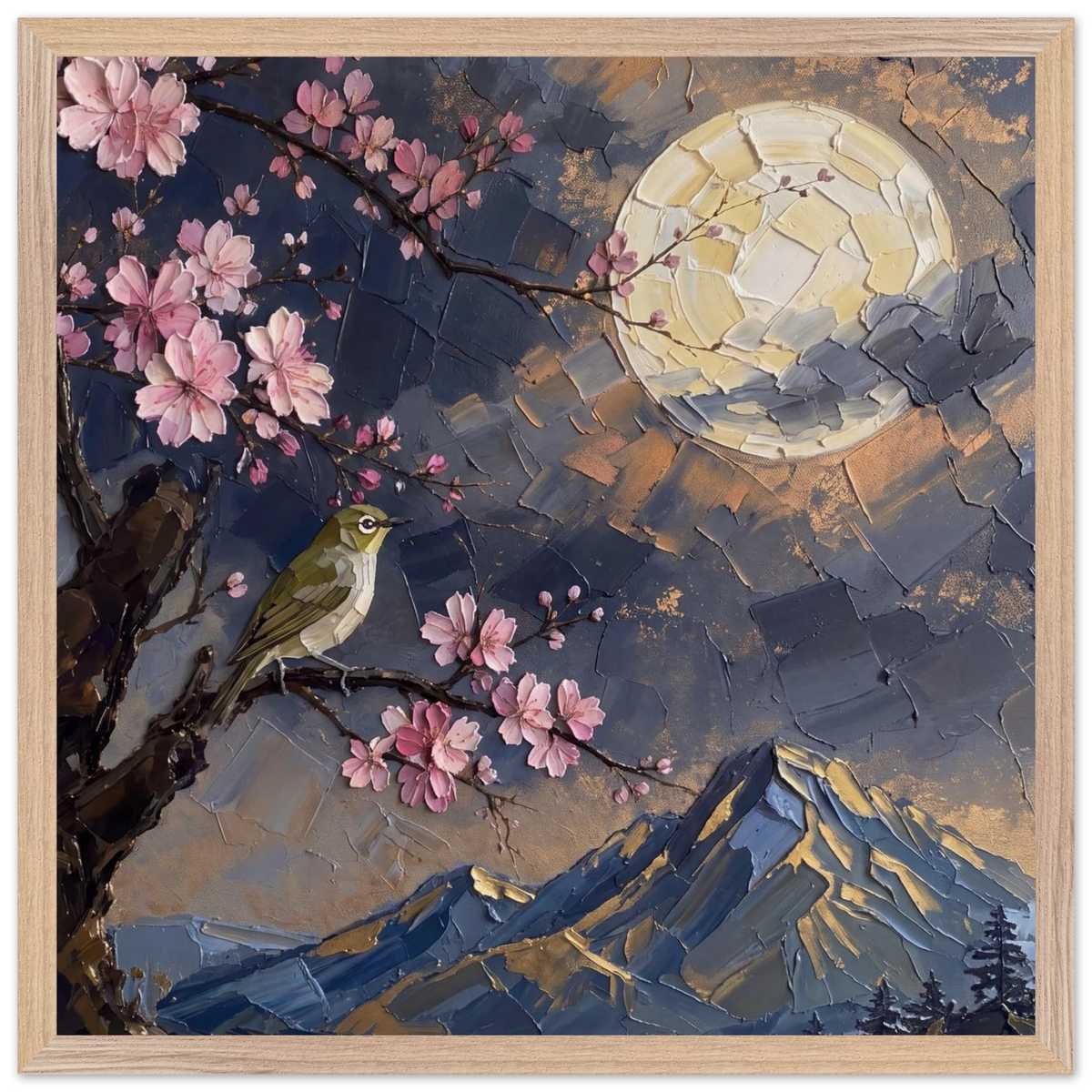 Blossom Moon: cherry blossom, japanese landscape and night. Framed fine art print by The Light Stays.