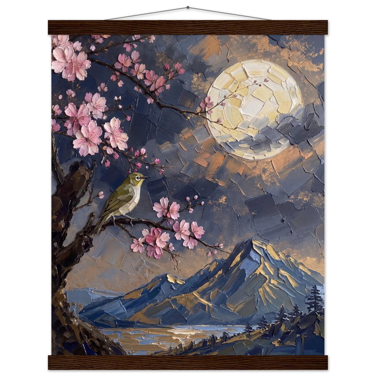 Blossom Moon: cherry blossom, japanese landscape and night. Fine art poster with wooden hanger by The Light Stays.