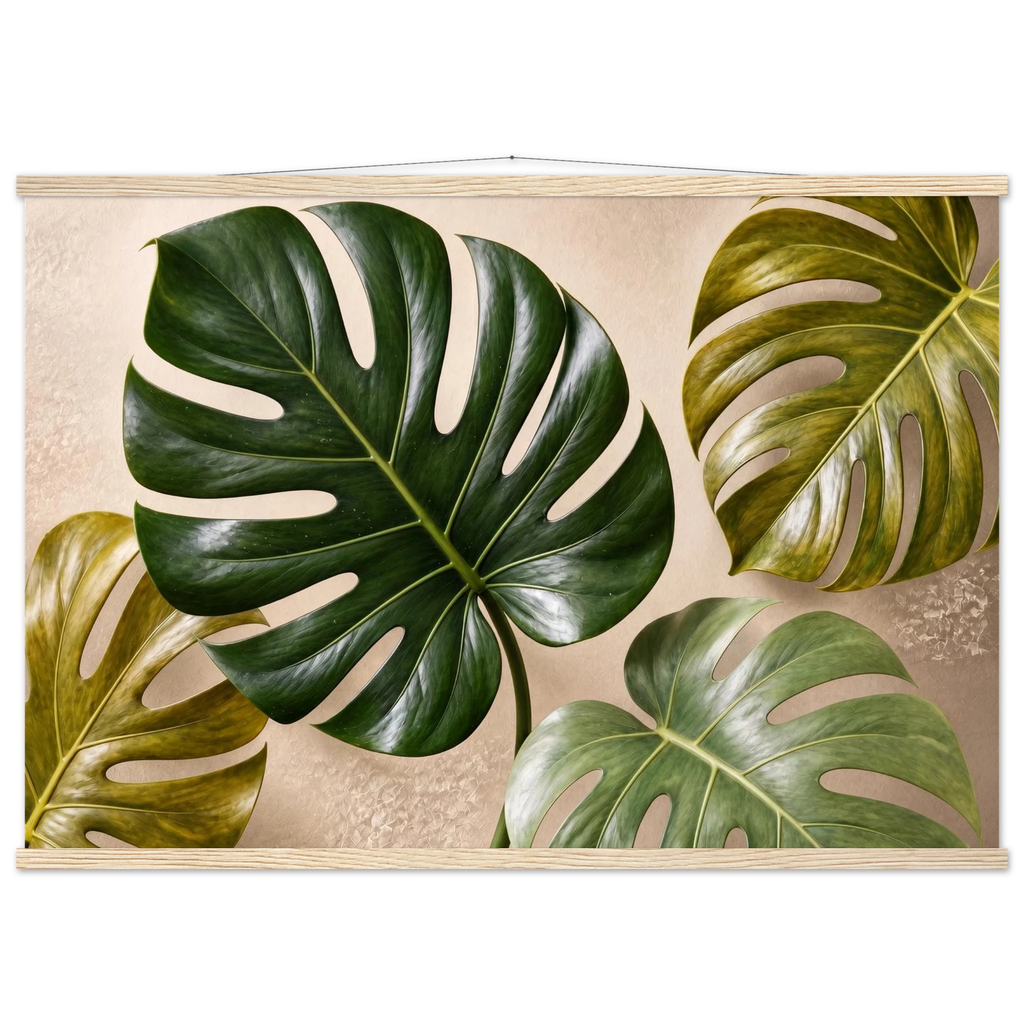 Four Greens: leaves, vivid green and impasto. Museum-quality fine art poster.