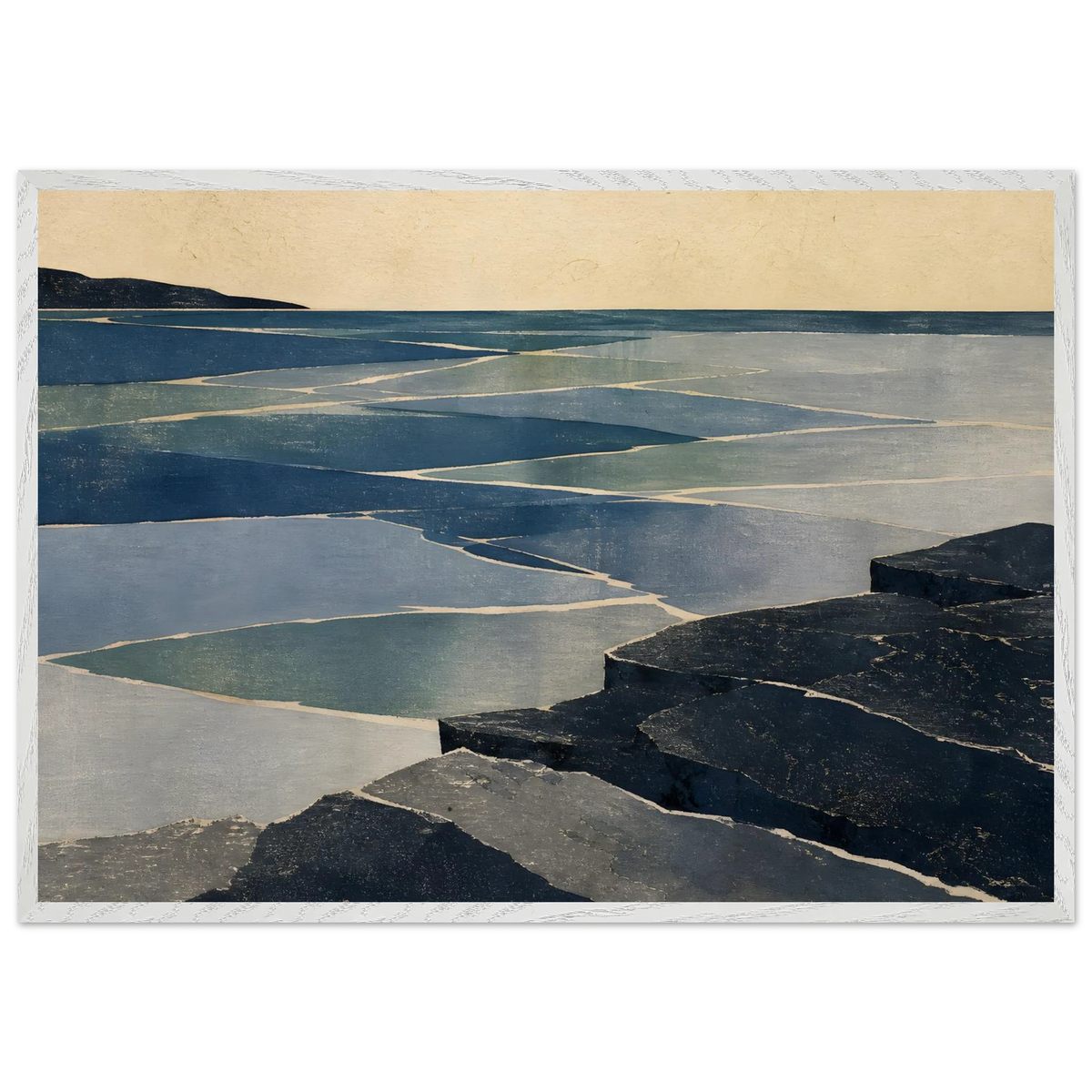 Indigo Tide: coastal landscape, jade water and japandi. Framed fine art print by The Light Stays.
