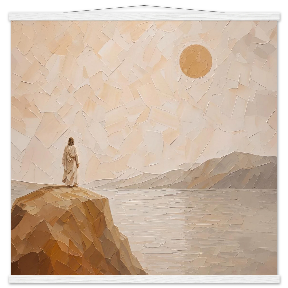 Salt Shore: jesus, cliff and sea. Fine art poster with wooden hanger by The Light Stays.