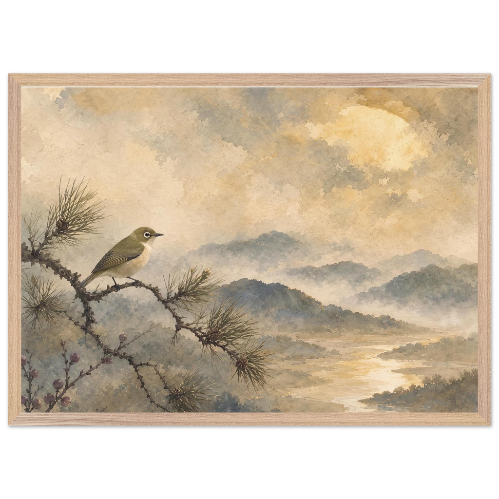Golden Moon Bird: japanese art and japandi. Framed fine art print, alternate frame and size.