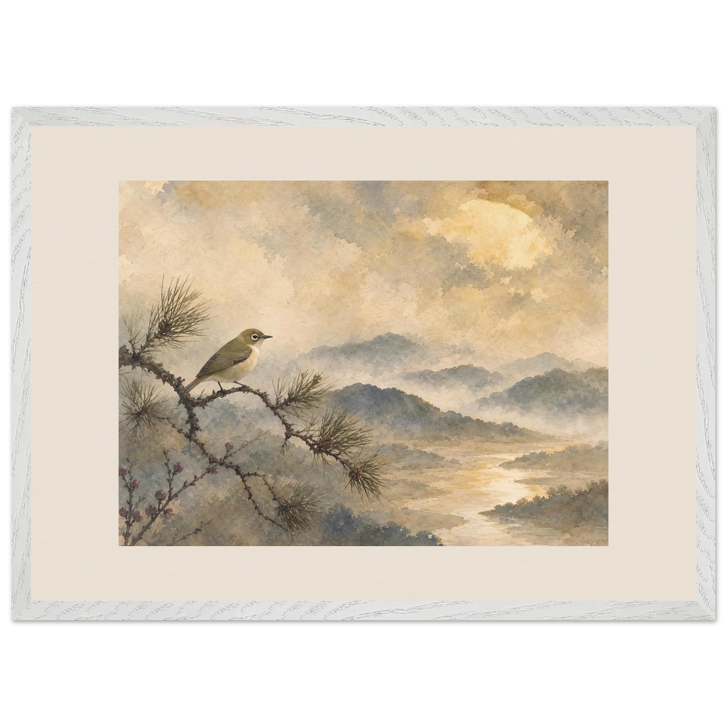 Golden Moon Bird: japanese art and japandi. Framed fine art print by The Light Stays.