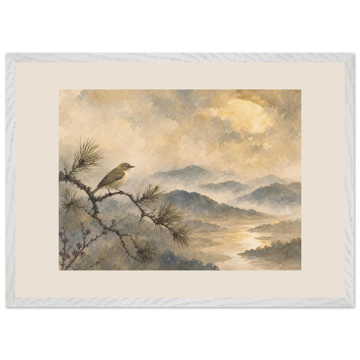 Golden Moon Bird: japanese art and japandi. Framed fine art print by The Light Stays.