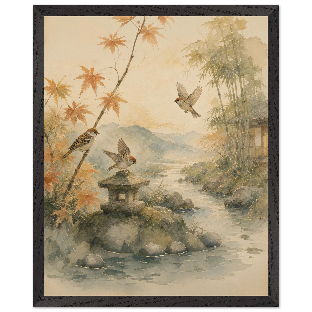 Three Birds Morning: birds, japanese landscape and japandi. Framed fine art print by The Light Stays.