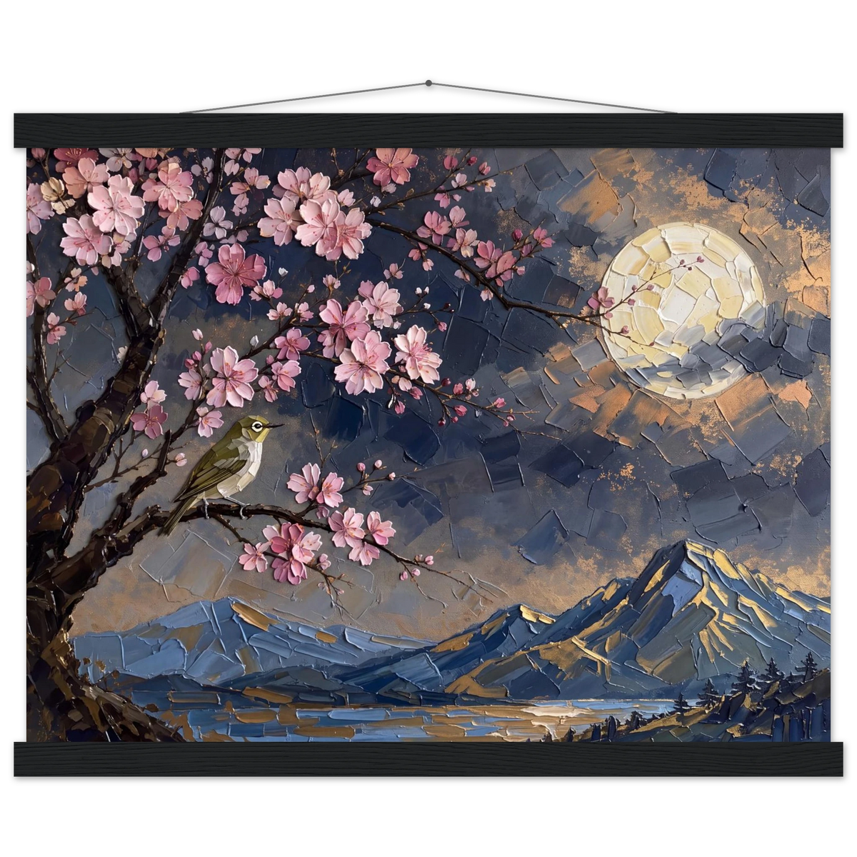 Blossom Moon: cherry blossom, japanese landscape and night. Fine art poster with wooden hanger by The Light Stays.