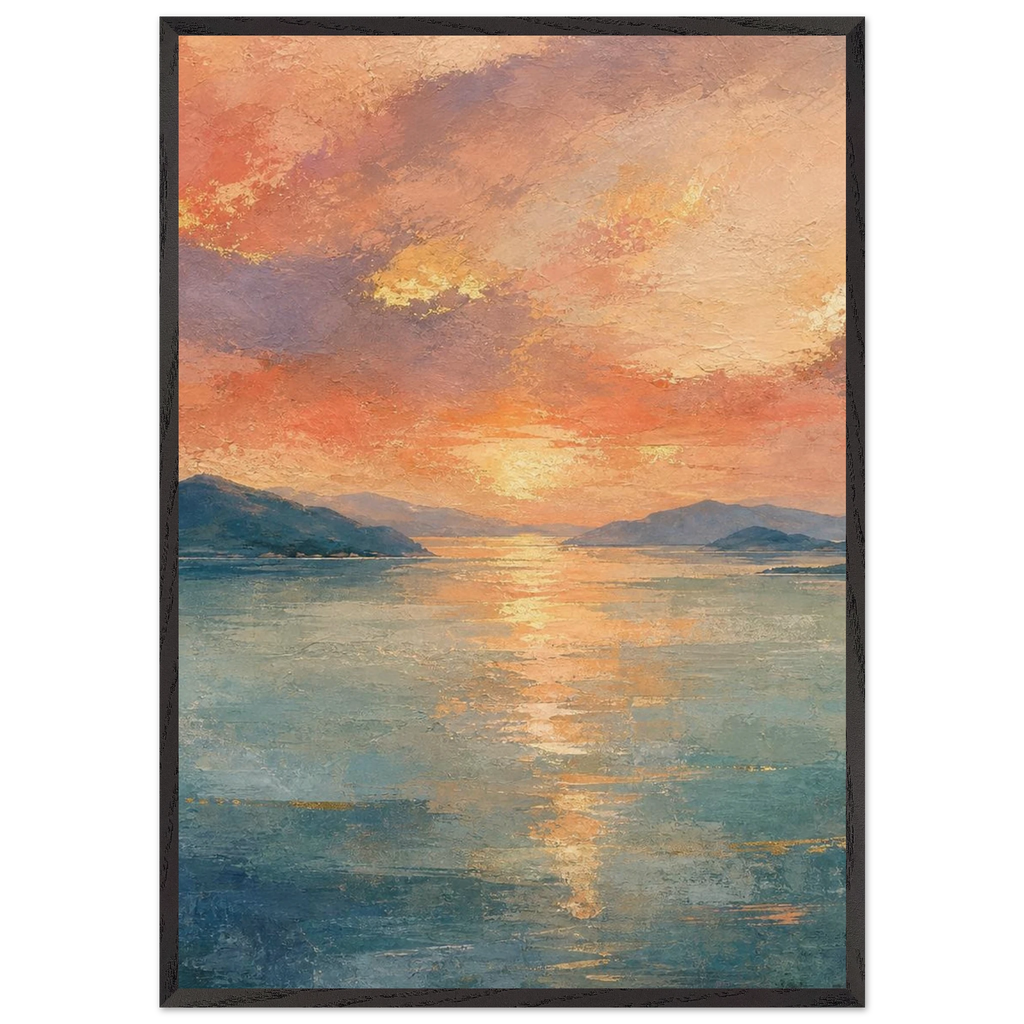 Setouchi Peach Dawn: riviera and japandi. Framed fine art print, alternate frame and size.
