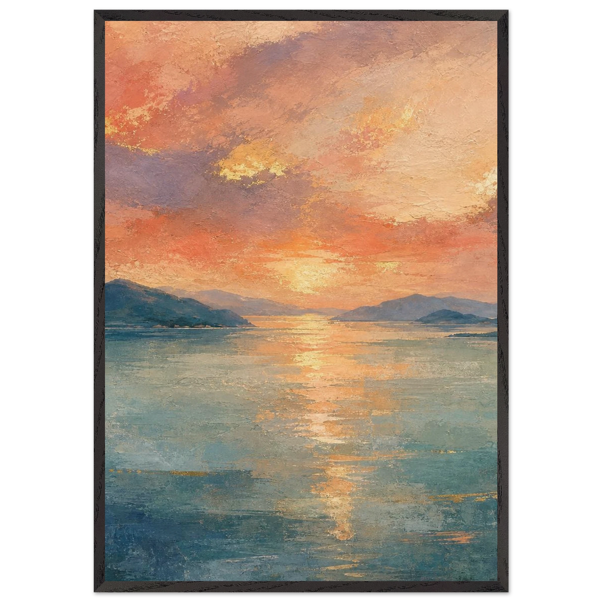 Setouchi Peach Dawn: riviera and japandi. Framed fine art print, alternate frame and size.