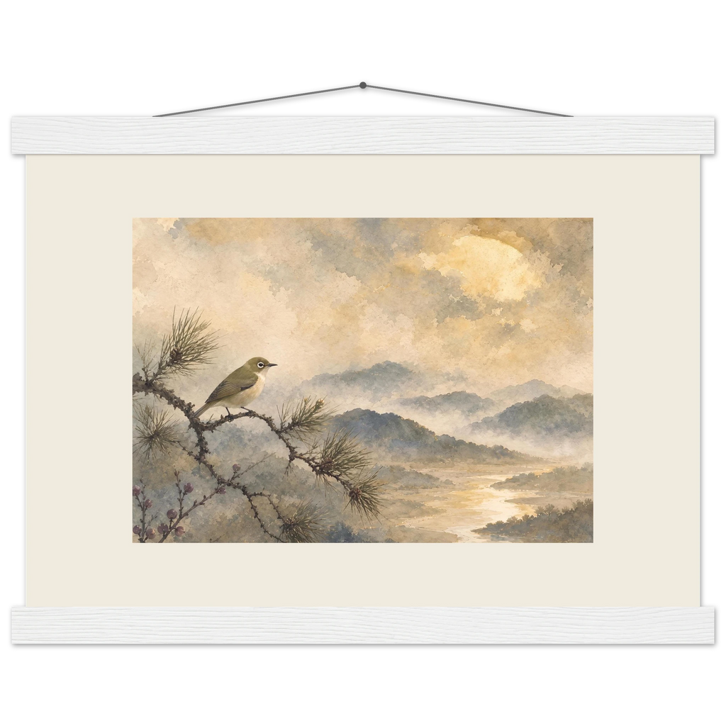 Golden Moon Bird: japanese art and japandi. Museum-quality fine art poster.