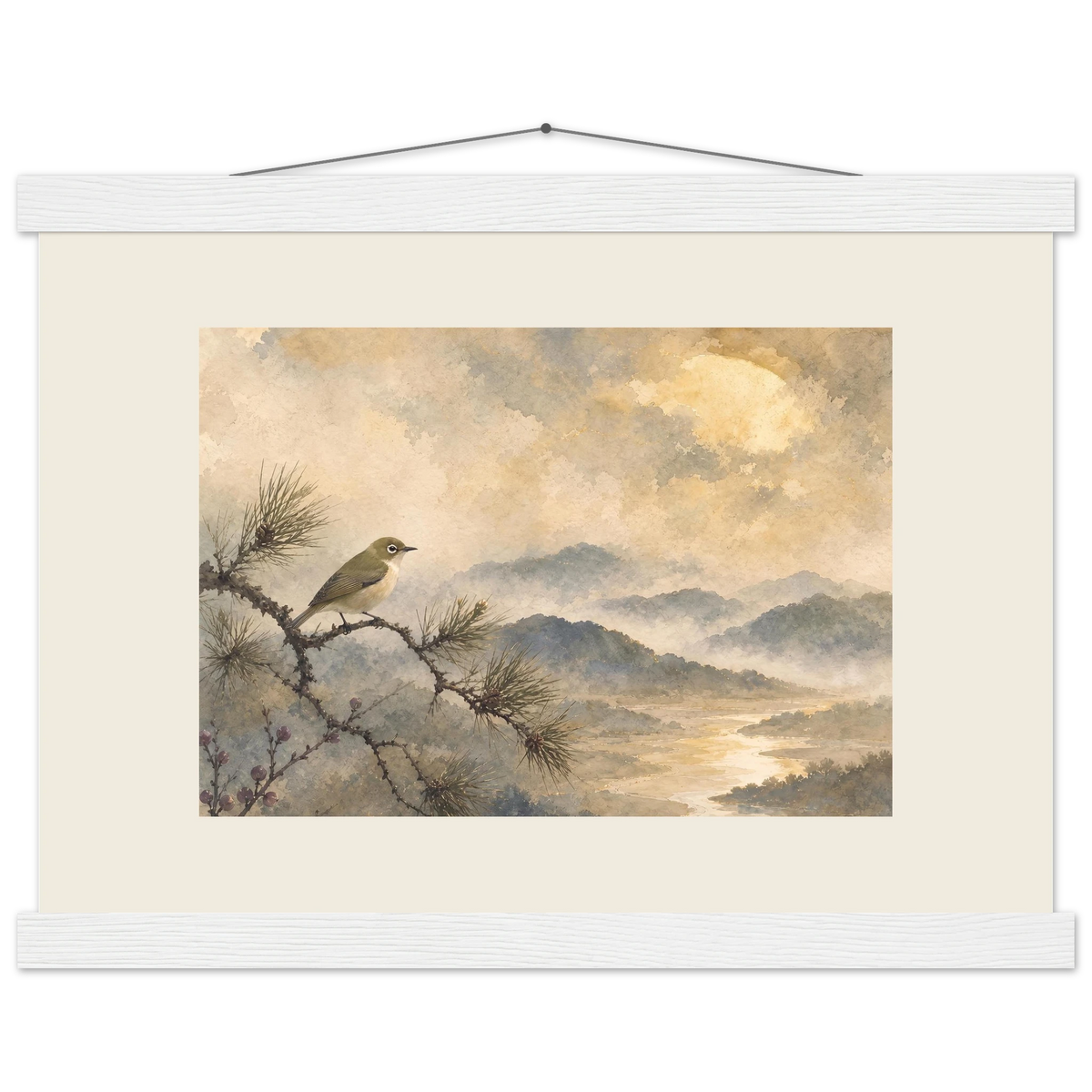 Golden Moon Bird: japanese art and japandi. Museum-quality fine art poster.