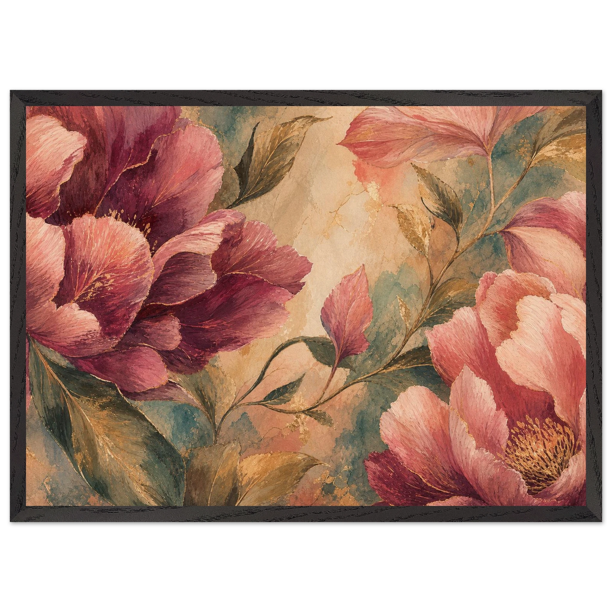Crimson Peonies: flowers and botanical. Framed fine art print, alternate frame and size.