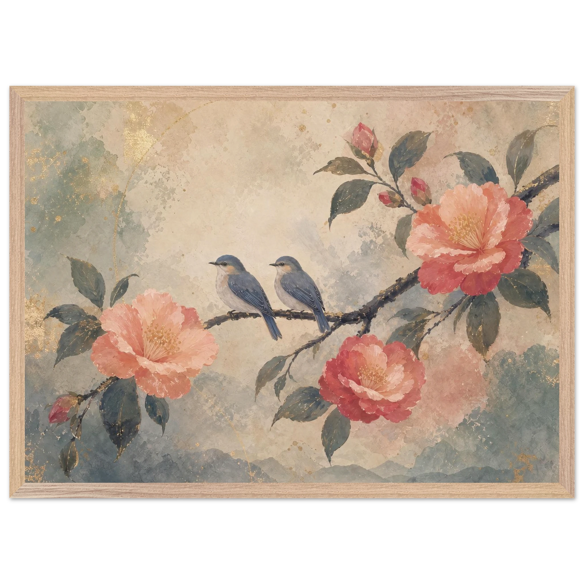 Camellia Birds, flowers and botanical. Archival framed fine art print shown framed.