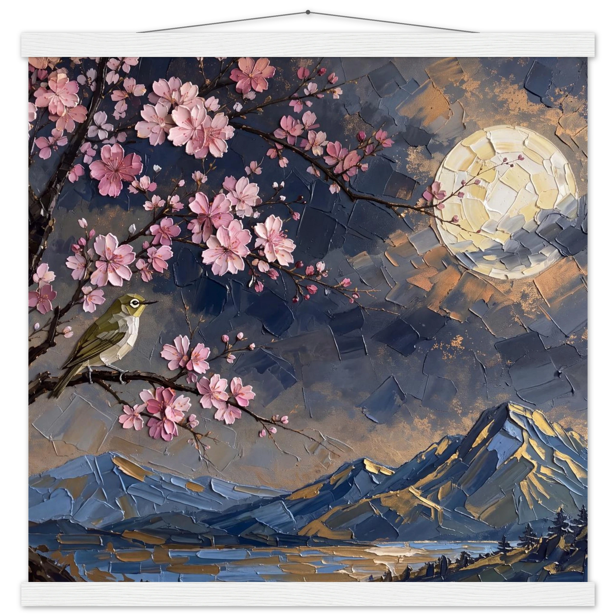Blossom Moon: cherry blossom, japanese landscape and night. Fine art poster with wooden hanger by The Light Stays.