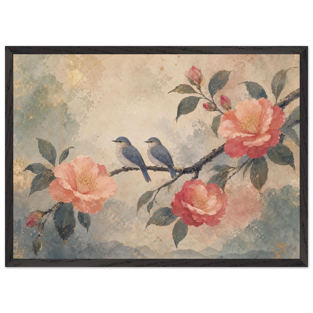 Camellia Birds: flowers and botanical. Framed fine art print by The Light Stays.