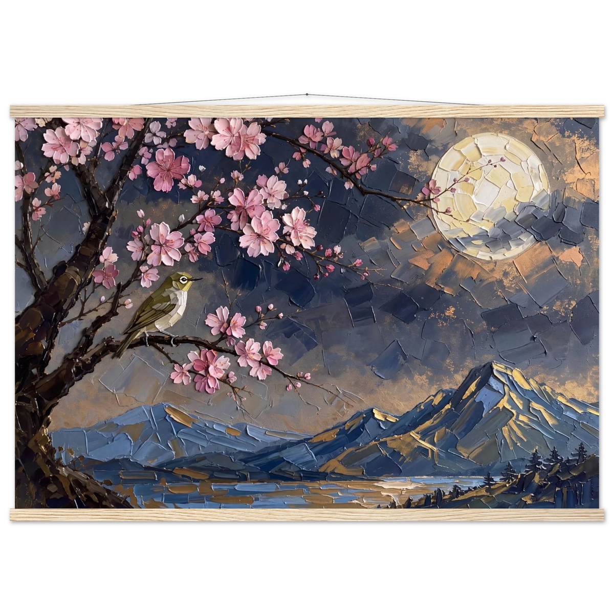 Blossom Moon: cherry blossom, japanese landscape and night. Fine art poster with wooden hanger by The Light Stays.