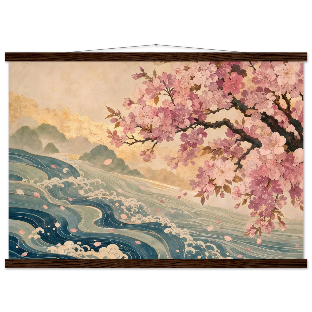 Blossom Tide: japanese art, cherry blossom and wave. Fine art poster with wooden hanger by The Light Stays.