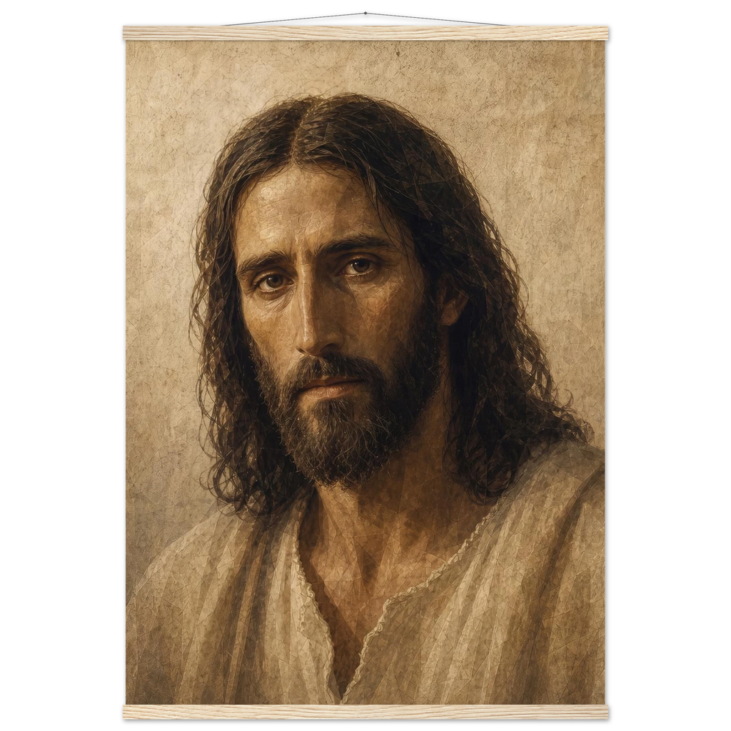 Pôster Kind Eyes com suporte de madeira, retrato sereno de Jesus em luz quente