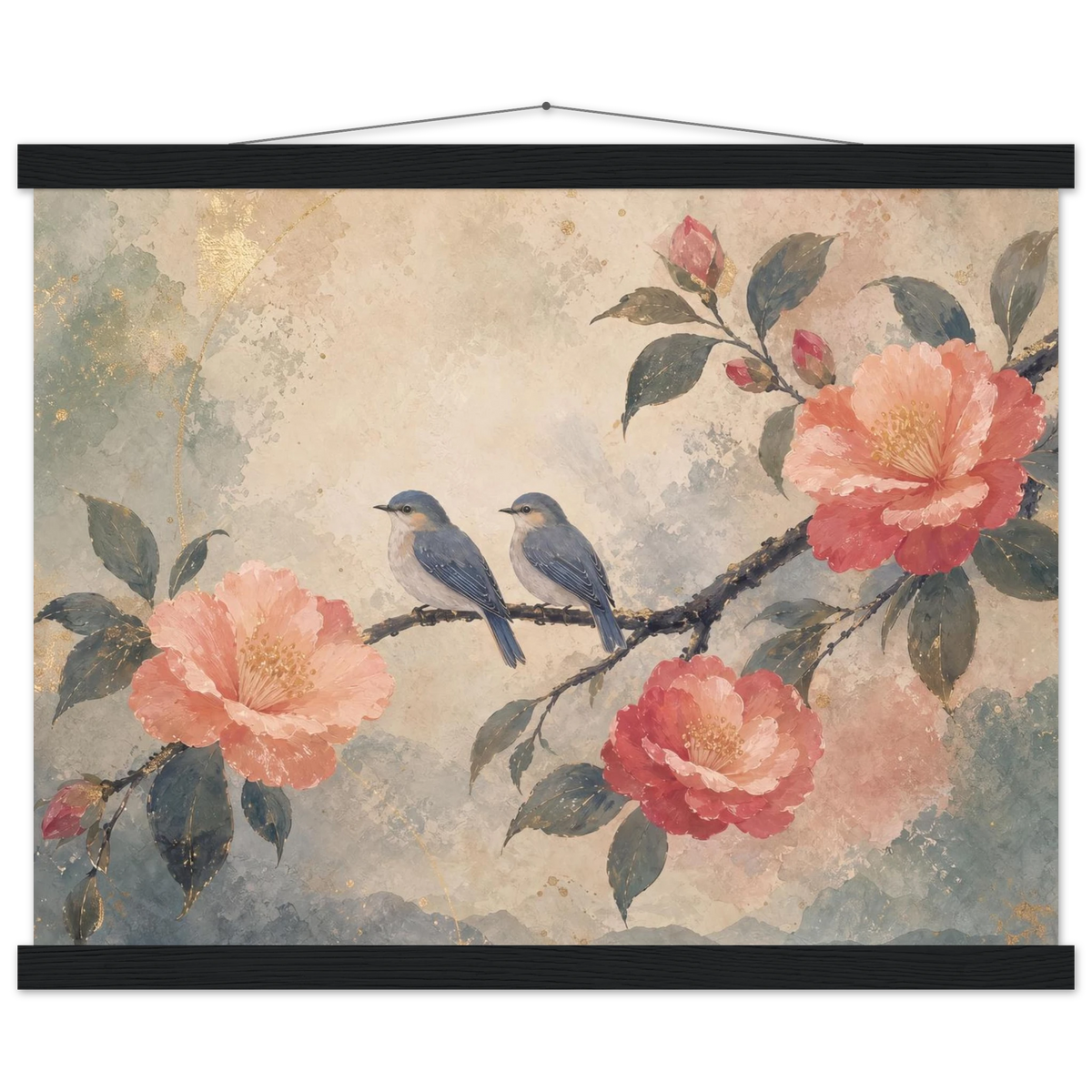 Camellia Birds: flowers and botanical. Museum-quality fine art poster.