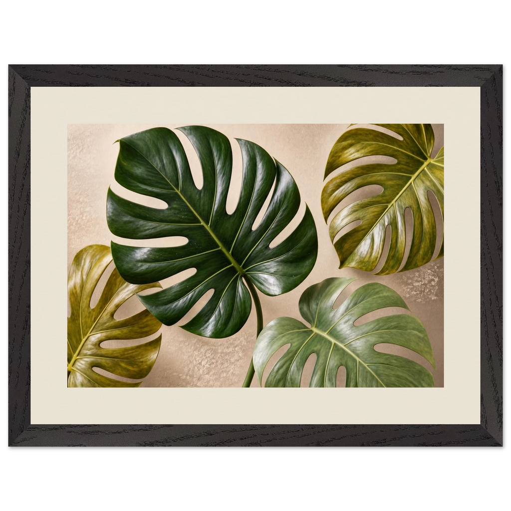 Four Greens: leaves, vivid green and impasto. Framed fine art print.