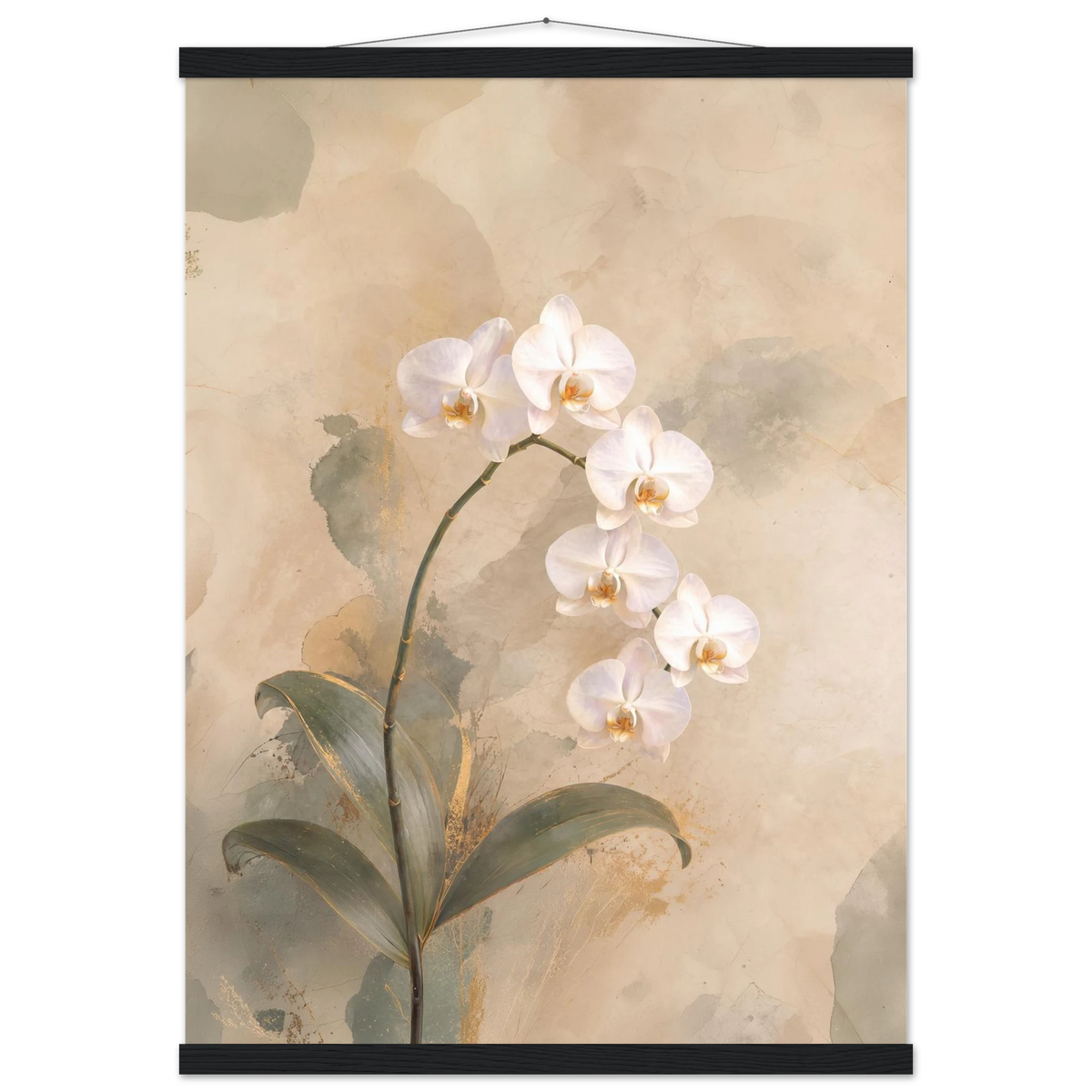 Orchid Luminance: botanical, pale gold and floral art. Fine art poster with wooden hanger by The Light Stays.