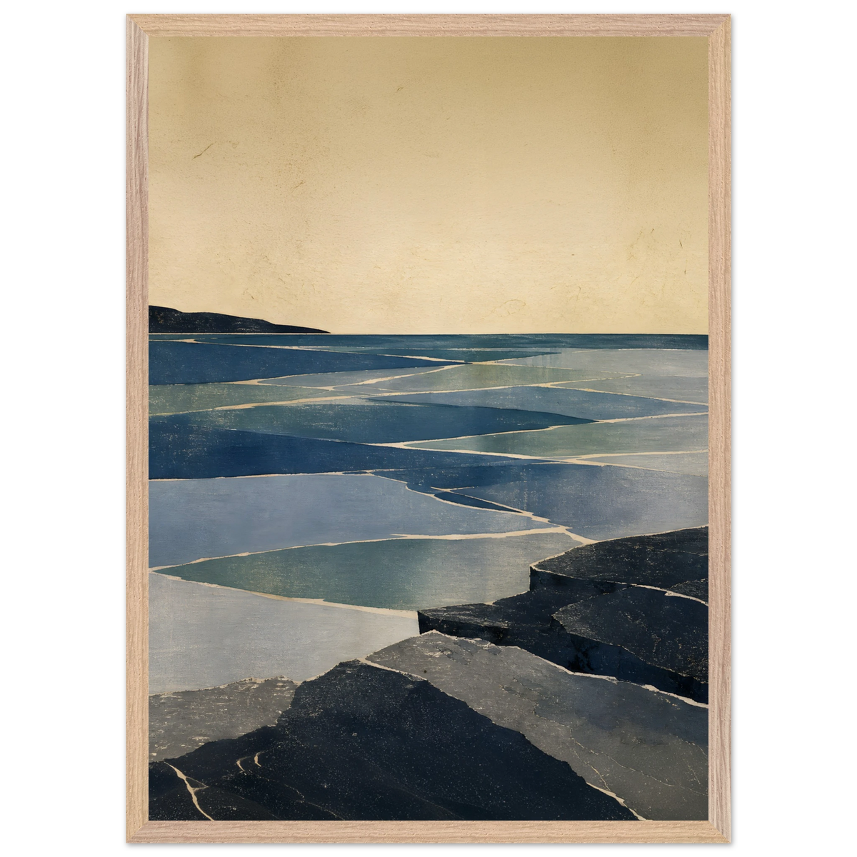 Indigo Tide: coastal landscape, jade water and japandi. Framed fine art print by The Light Stays.