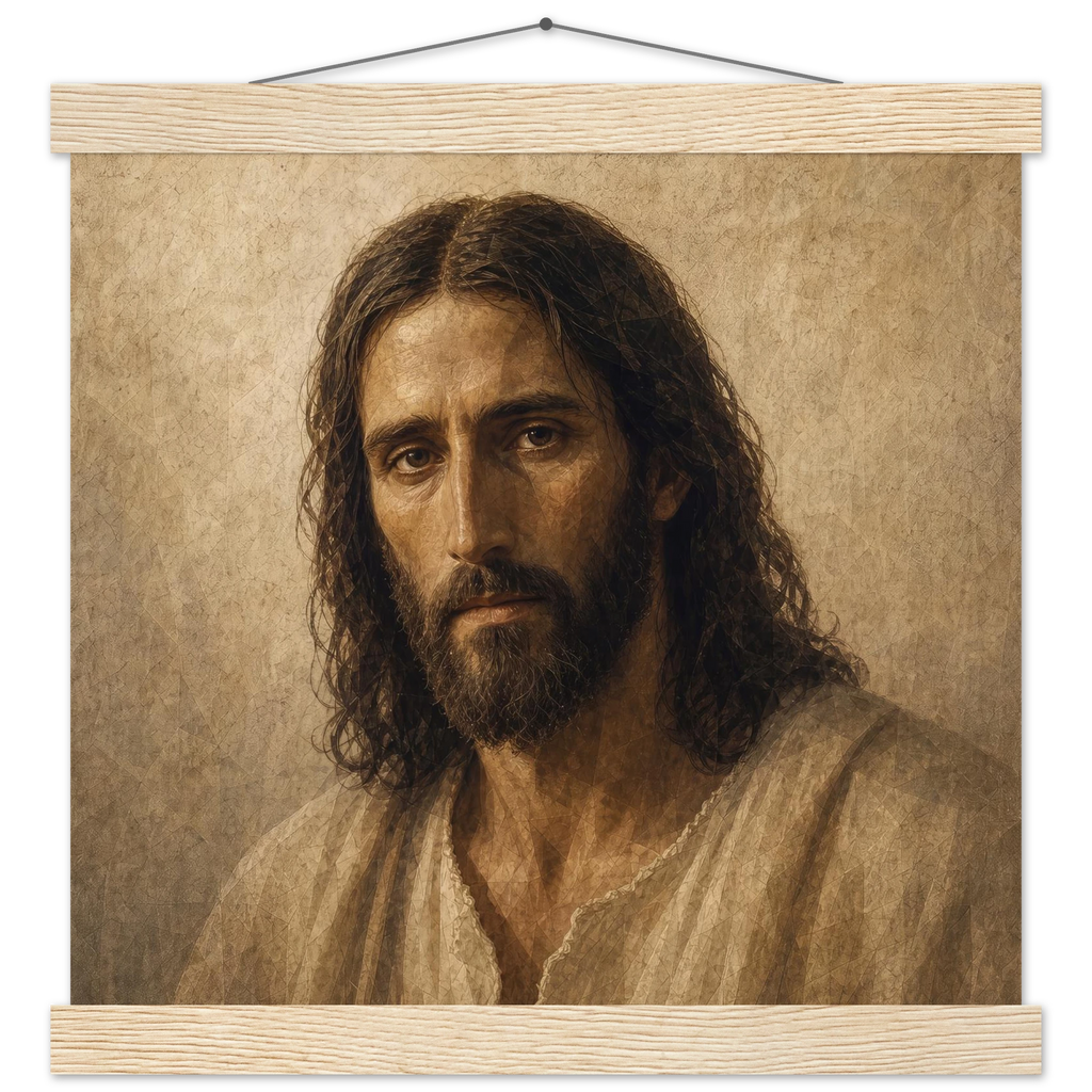Pôster Kind Eyes com suporte de madeira, retrato sereno de Jesus em luz quente